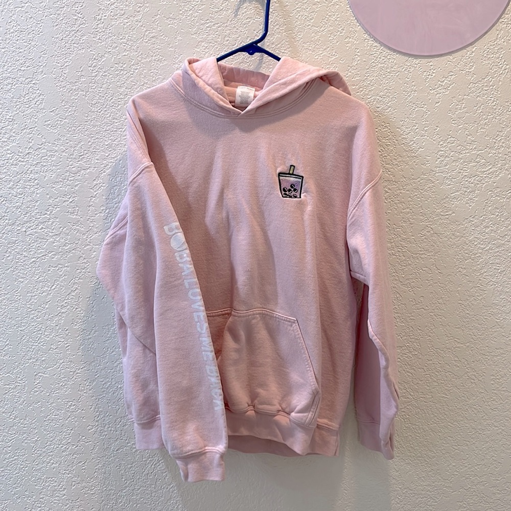 Boba Embroidered Graphic Pastel Pink Hoodie